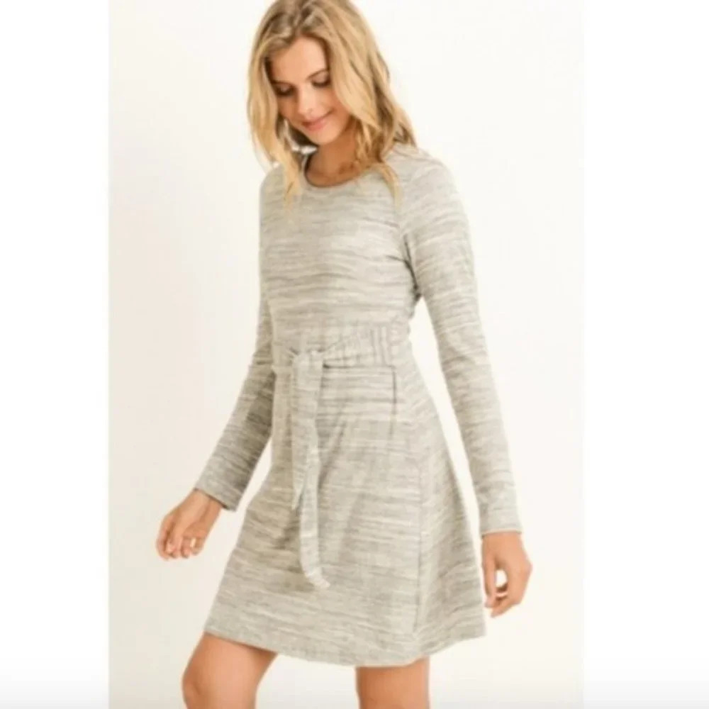 Gilli Dress Heather Gray Tie Waist Long Sleeve NWT